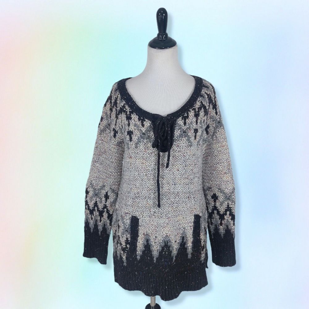 Free People Love Bug Nordic Wool Sweater Women's S Thick Knit Lace Up Pocket